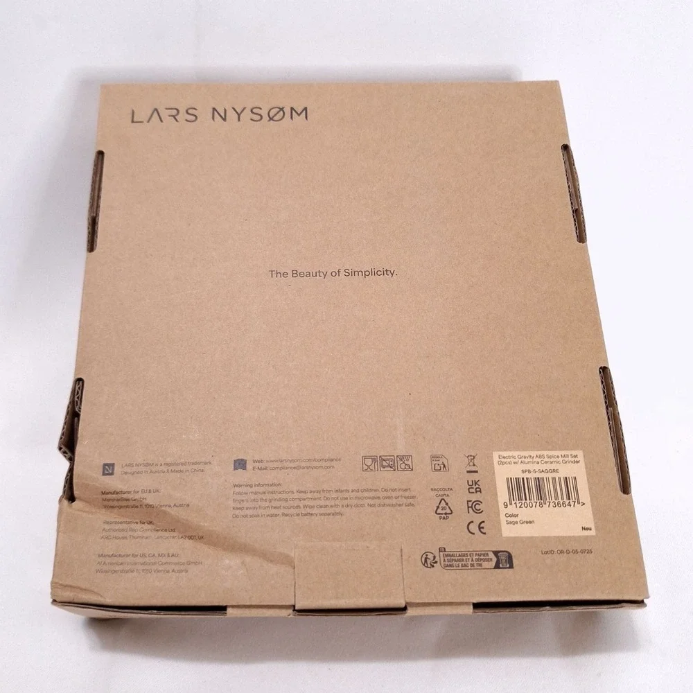 Lars Nysom Electric Gravity Spice Mill Set‎ Sage Green Ceramic Grinder NIB